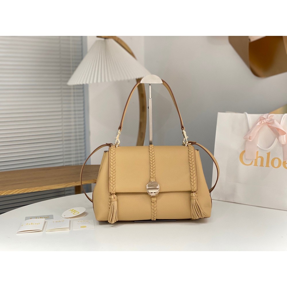 Chloe Penelope Medium Shoulder Bag in Beige Grained Calfskin LDBS243693