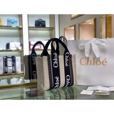 Chloe Small Woody Tote Bag in Canvas with Black Leather Strips LDBS243724