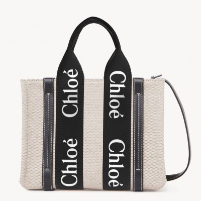 Chloe Small Woody Tote Bag in Canvas with Black Leather Strips LDBS243724