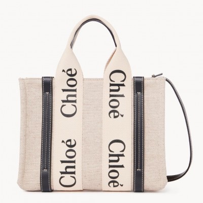 Chloe Small Woody Tote Bag in Canvas with Blue Leather Strips LDBS243729