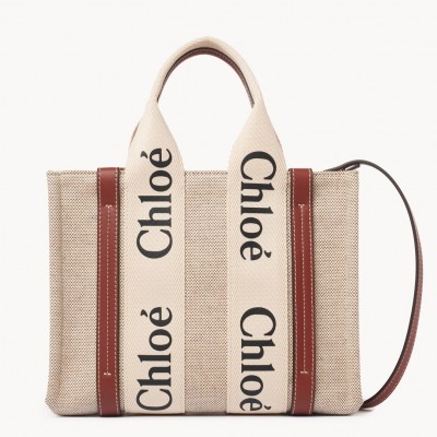 Chloe Small Woody Tote Bag in Canvas with Brown Leather Strips LDBS243688