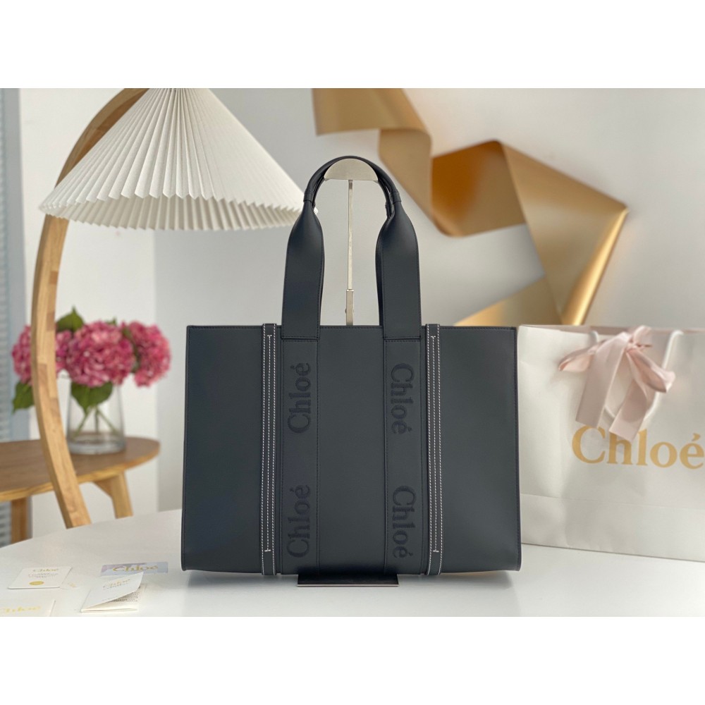 Chloe Woody Large Tote Bag In Black Calfskin LDBS243699