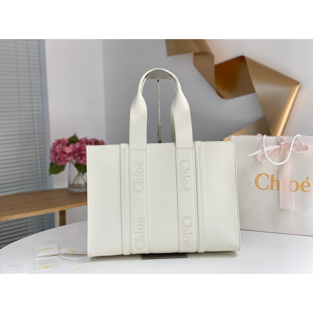 Chloe Woody Large Tote Bag In White Calfskin LDBS243718