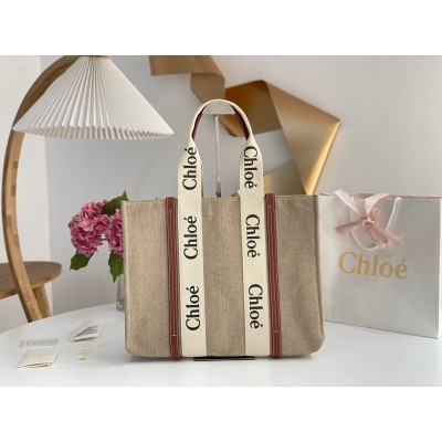 Chloe Woody Large Tote Bag in Linen Canvas with Brown Leather LDBS243710