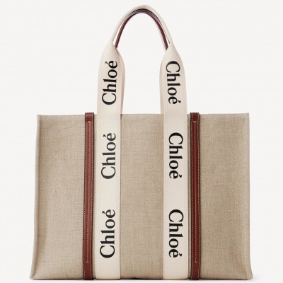 Chloe Woody Large Tote Bag in Linen Canvas with Brown Leather LDBS243710