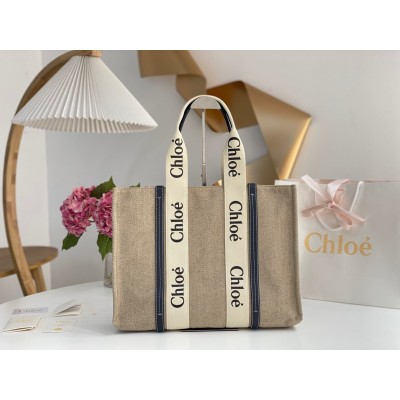 Chloe Woody Large Tote Bag in Linen Canvas with Navy Blue Leather LDBS243715