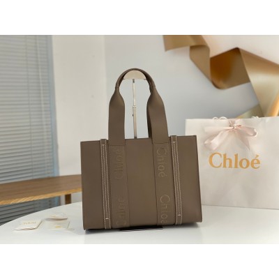 Chloe Woody Medium Tote Bag In Army Green Calfskin LDBS243723