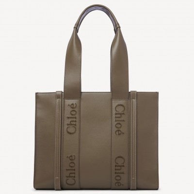 Chloe Woody Medium Tote Bag In Army Green Calfskin LDBS243723