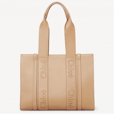 Chloe Woody Medium Tote Bag In Beige Calfskin LDBS243728