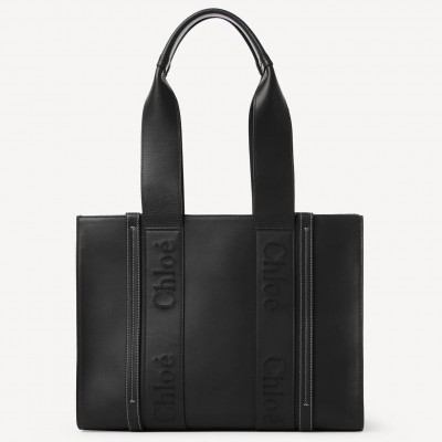 Chloe Woody Medium Tote Bag In Black Calfskin LDBS243731