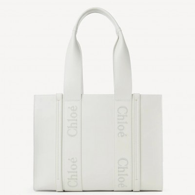 Chloe Woody Medium Tote Bag In White Calfskin LDBS243714