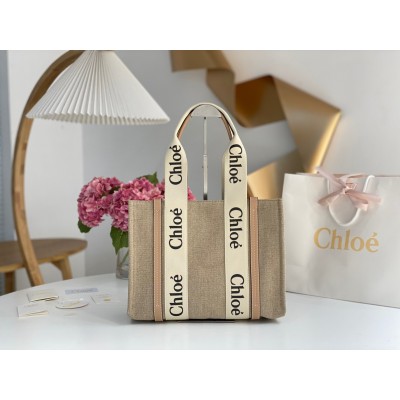 Chloe Woody Medium Tote Bag in Linen Canvas with Beige Leather LDBS243695