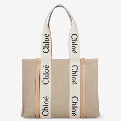 Chloe Woody Medium Tote Bag in Linen Canvas with Beige Leather LDBS243695