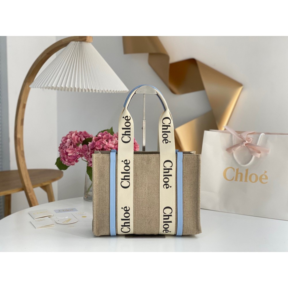 Chloe Woody Medium Tote Bag in Linen Canvas with Blue Leather LDBS243700