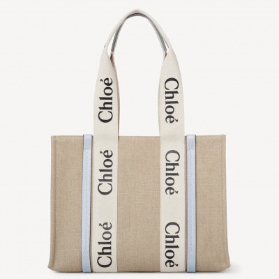 Chloe Woody Medium Tote Bag in Linen Canvas with Blue Leather LDBS243700