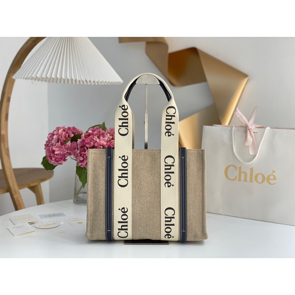 Chloe Woody Medium Tote Bag in Linen Canvas with Navy Blue Leather LDBS243708