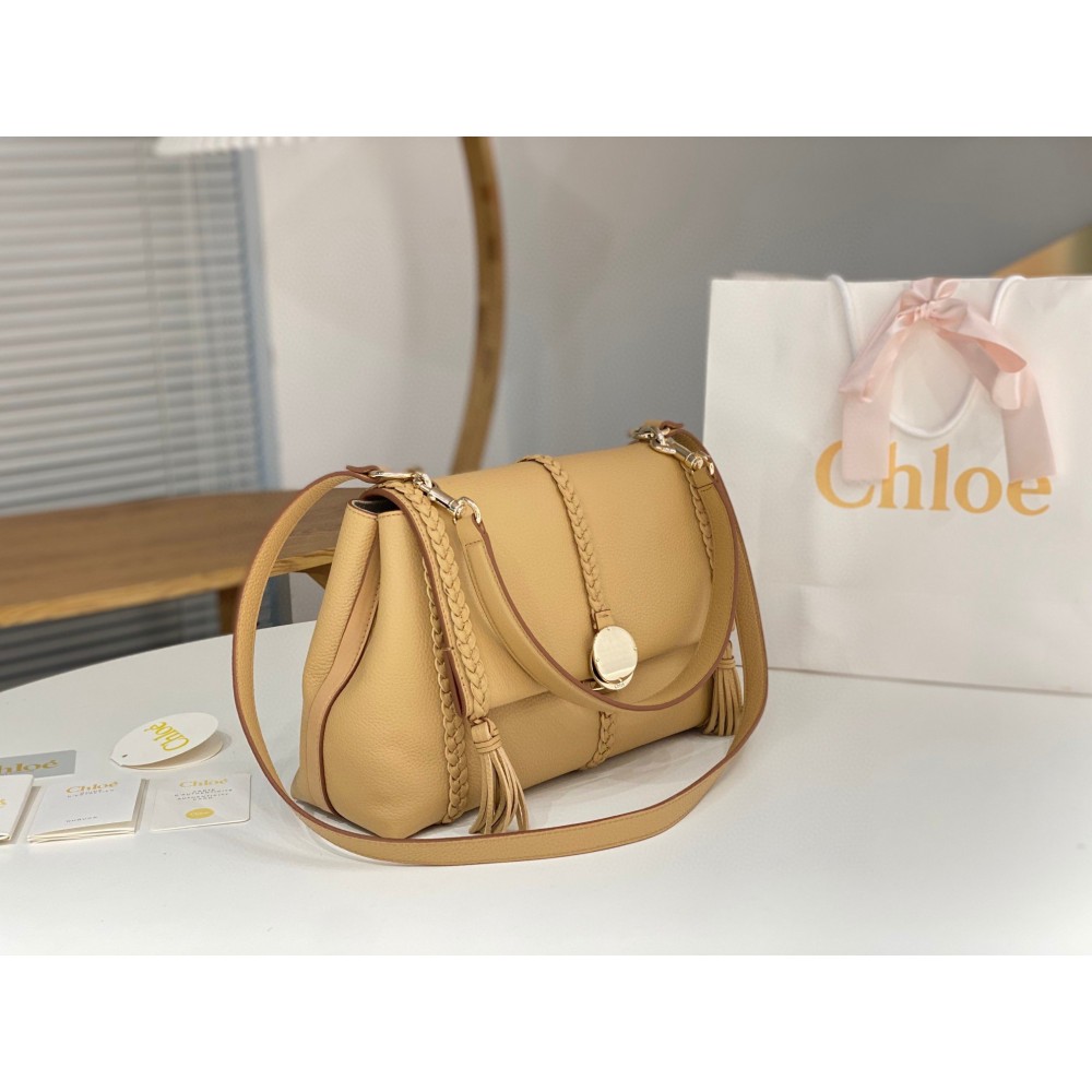 Chloe Penelope Medium Shoulder Bag in Beige Grained Calfskin