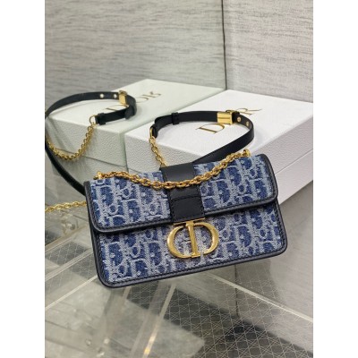 Dior 30 Montaigne East-West Bag with Chain in Blue Denim Oblique Jacquard LDBS240034