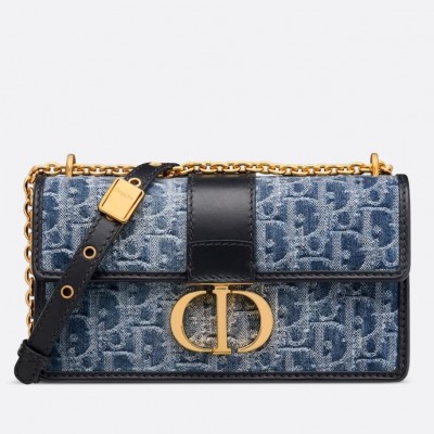 Dior 30 Montaigne East-West Bag with Chain in Blue Denim Oblique Jacquard LDBS240034