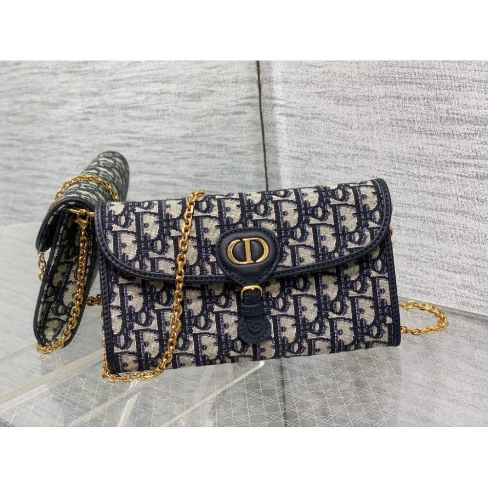 Dior Bobby East-West Chain Pouch in Blue Oblique Jacquard LDBS240081