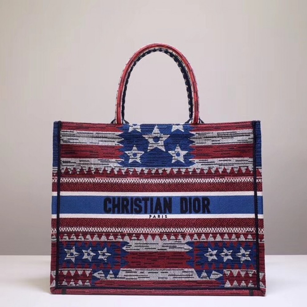 Dior Book Tote Bag In American Flag Embroidered Canvas LDBS240088