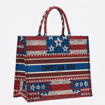 Dior Book Tote Bag In American Flag Embroidered Canvas LDBS240088