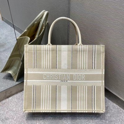 Dior Book Tote Bag In Beige Stripes Embroidery LDBS240090