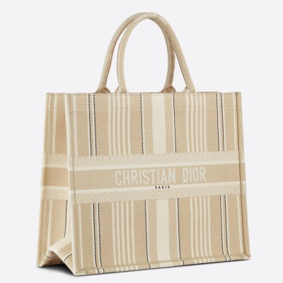 Dior Book Tote Bag In Beige Stripes Embroidery LDBS240090