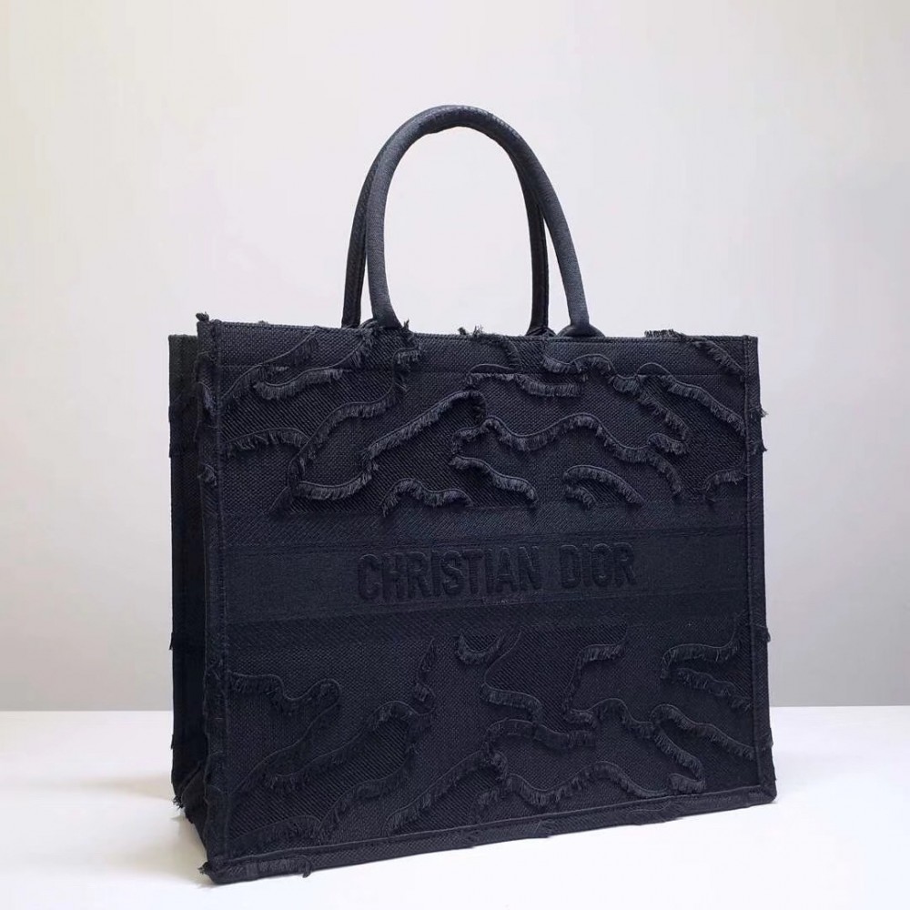 Dior Book Tote Bag In Black Camouflage Embroidered Canvas LDBS240091