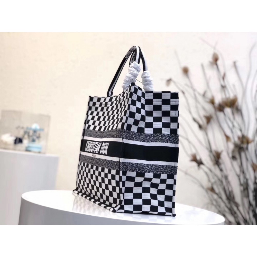 Dior Book Tote Bag In Black/White Checkered Canvas LDBS240234