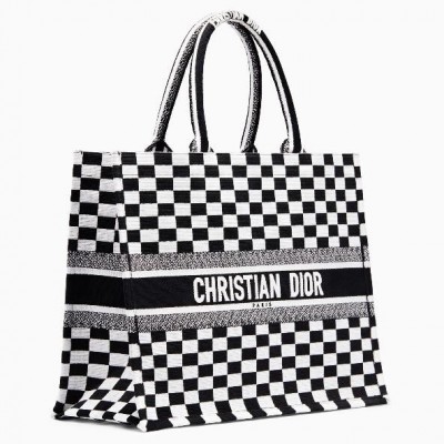 Dior Book Tote Bag In Black/White Checkered Canvas LDBS240234