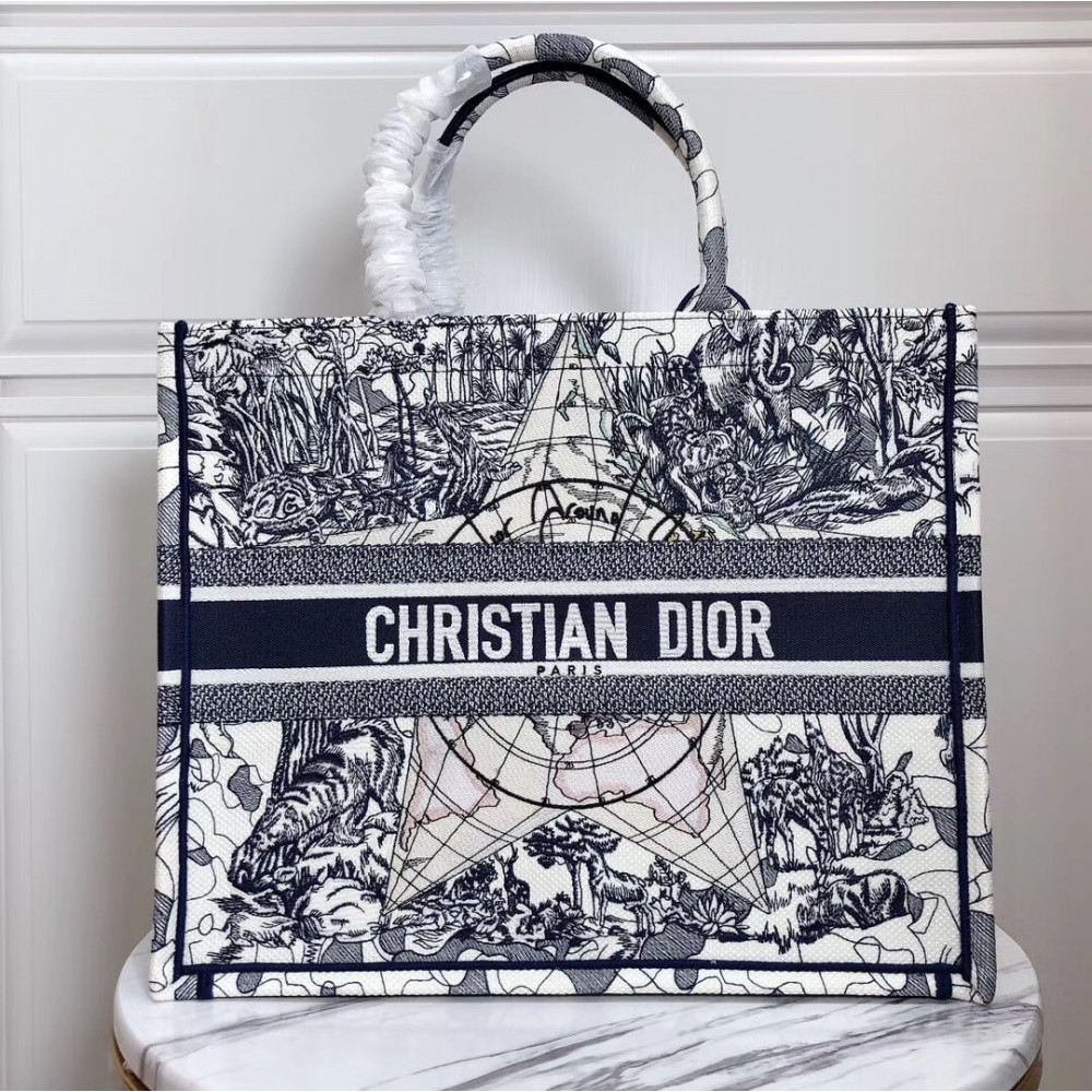 Dior Book Tote Bag In Blue Around The World Embroidered Canvas LDBS240093