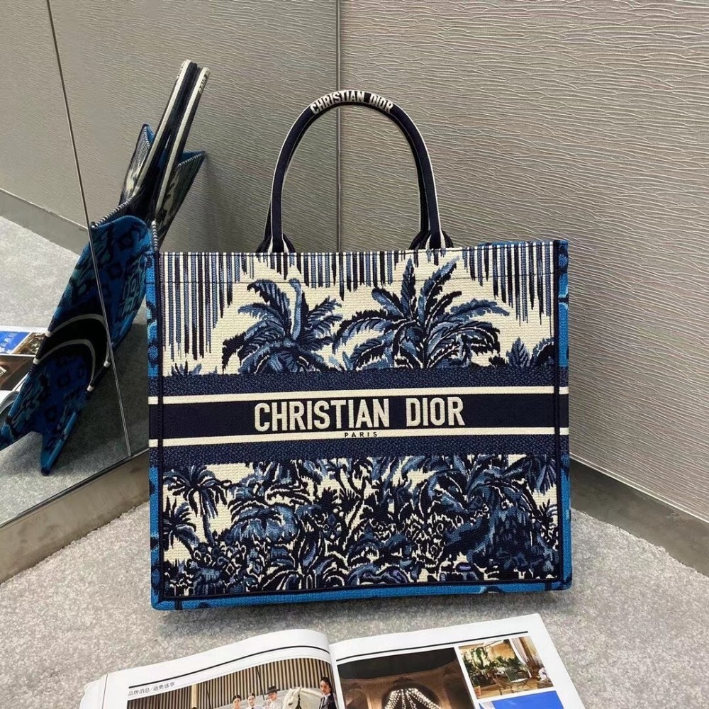 Dior Book Tote Bag In Blue Dior Palms Embroidery LDBS240096