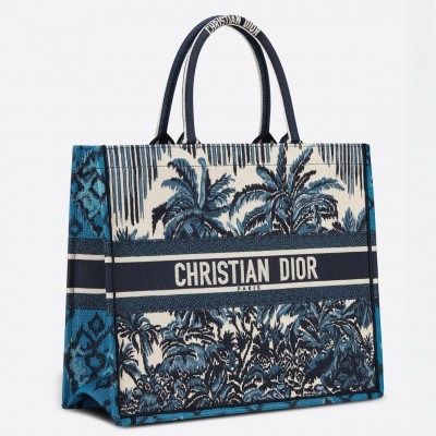 Dior Book Tote Bag In Blue Dior Palms Embroidery LDBS240096