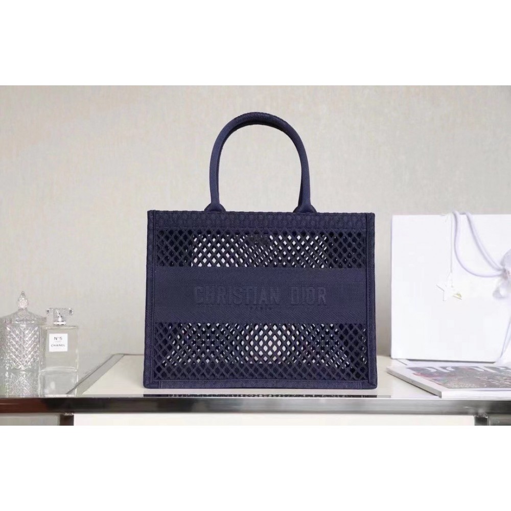 Dior Book Tote Bag In Blue Mesh Embroidery LDBS240097