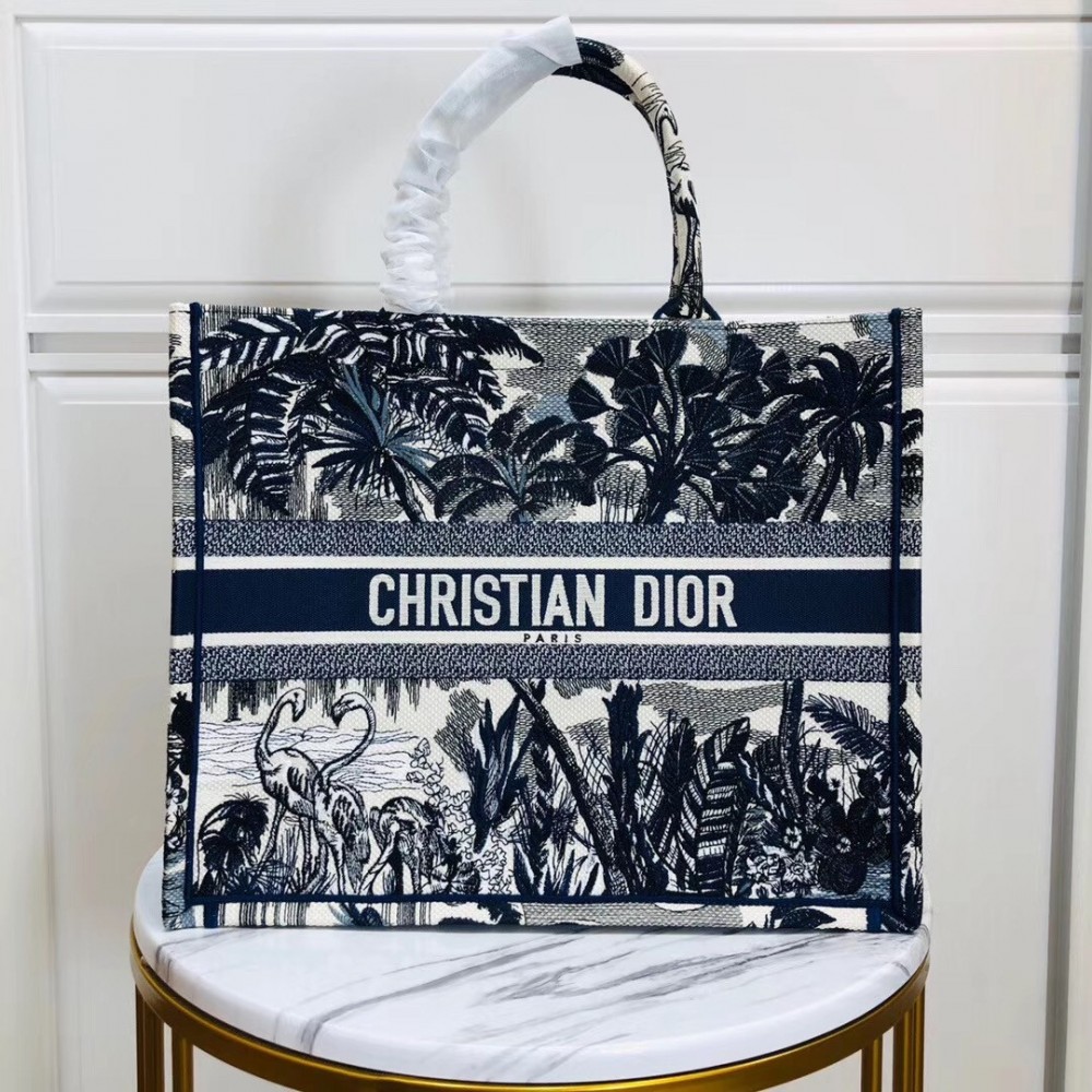 Dior Book Tote Bag In Blue Palm Tree Toile de Jouy Embroidery LDBS240099