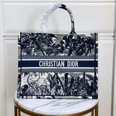 Dior Book Tote Bag In Blue Palm Tree Toile de Jouy Embroidery LDBS240099