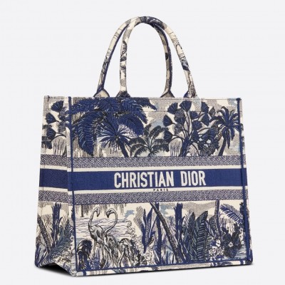 Dior Book Tote Bag In Blue Palm Tree Toile de Jouy Embroidery LDBS240099