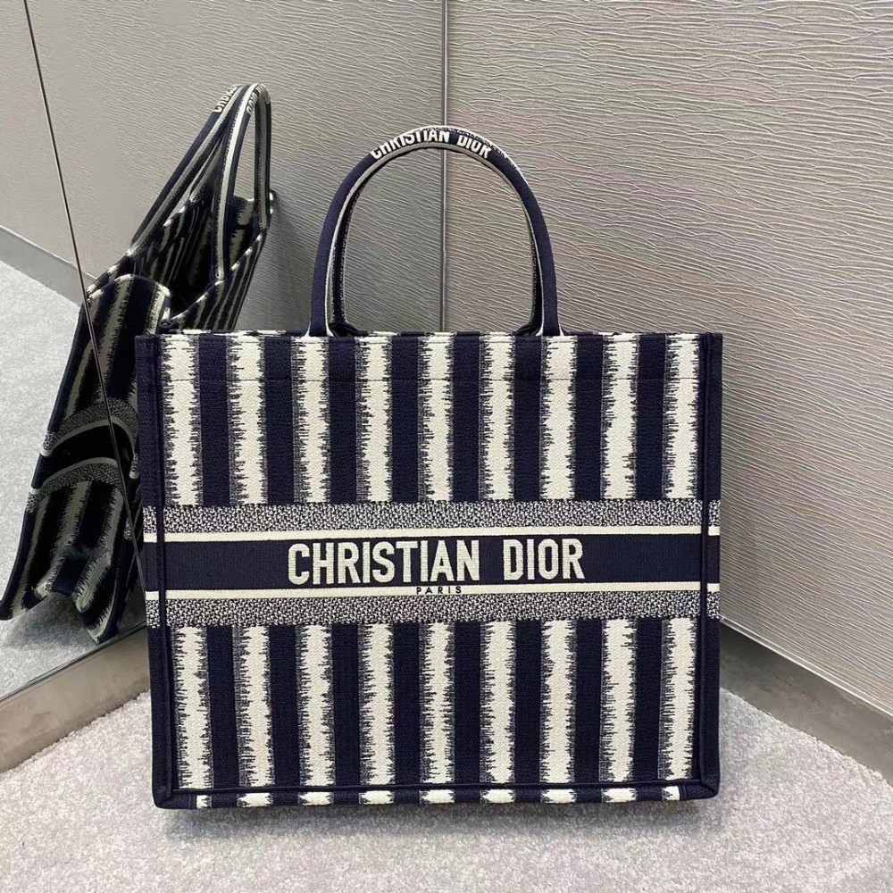 Dior Book Tote Bag In Blue Stripes Embroidery LDBS240100