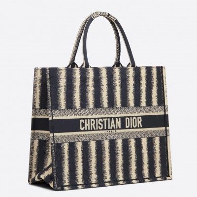 Dior Book Tote Bag In Blue Stripes Embroidery LDBS240100