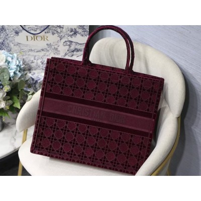 Dior Book Tote Bag In Bordeaux Cannage Embroidered Velvet LDBS240101