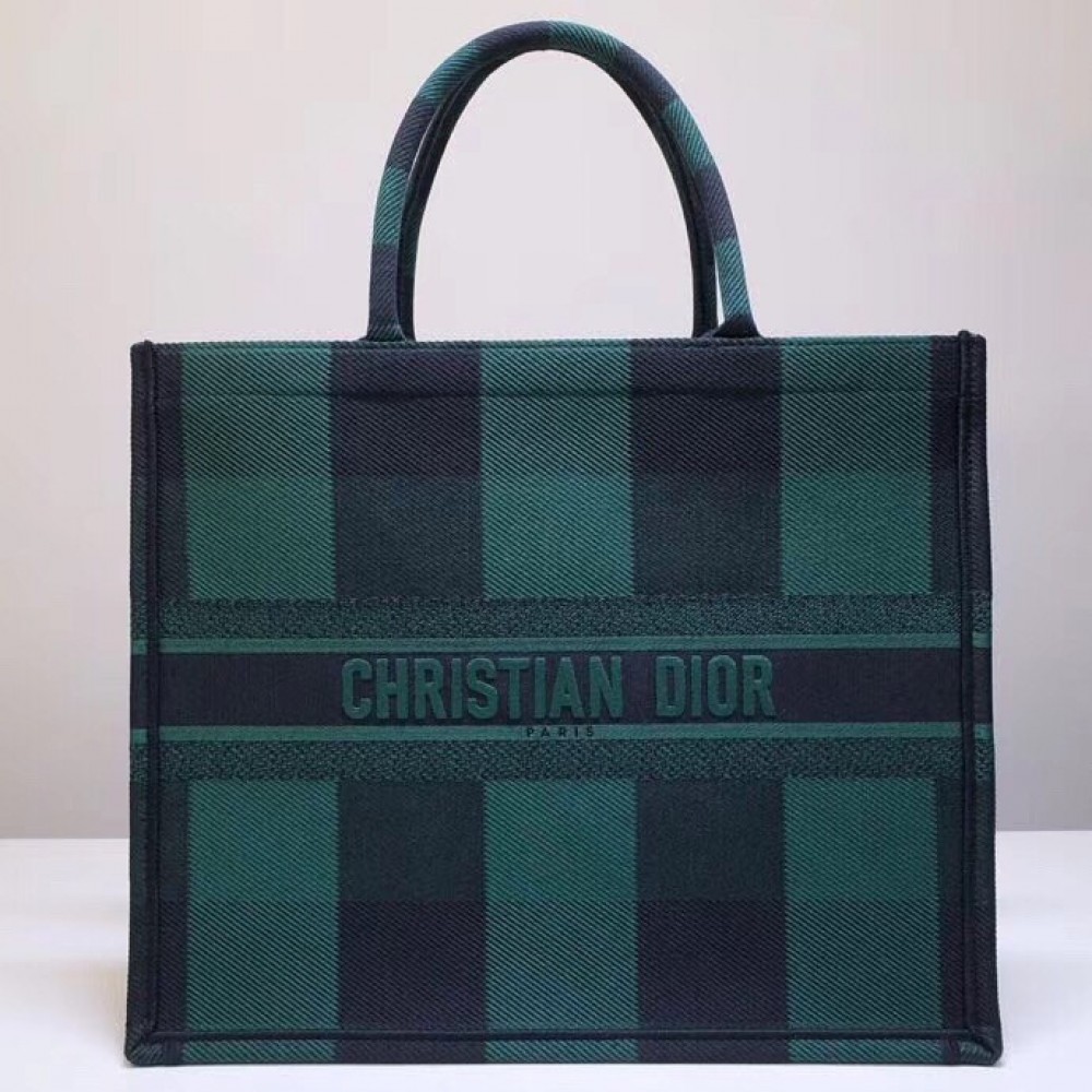 Dior Book Tote Bag In Green/Black Check Embroidered Canvas LDBS240107