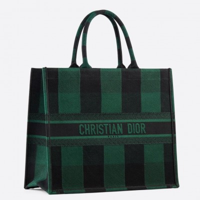 Dior Book Tote Bag In Green/Black Check Embroidered Canvas LDBS240107