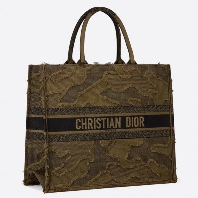 Dior Book Tote Bag In Green Camouflage Embroidered Canvas LDBS240108