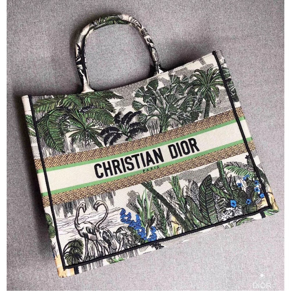 Dior Book Tote Bag In Green Toile De Jouy Tropicalia LDBS240110