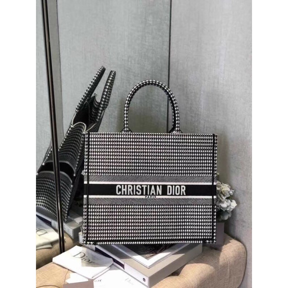 Dior Book Tote Bag In Houndstooth Embroidered Canvas LDBS240112