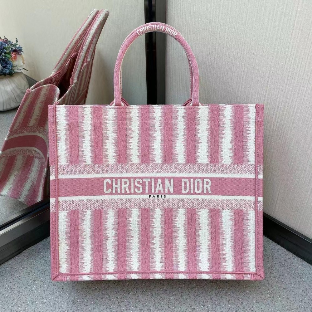 Dior Book Tote Bag In Pink D-Stripes Embroidery LDBS240124