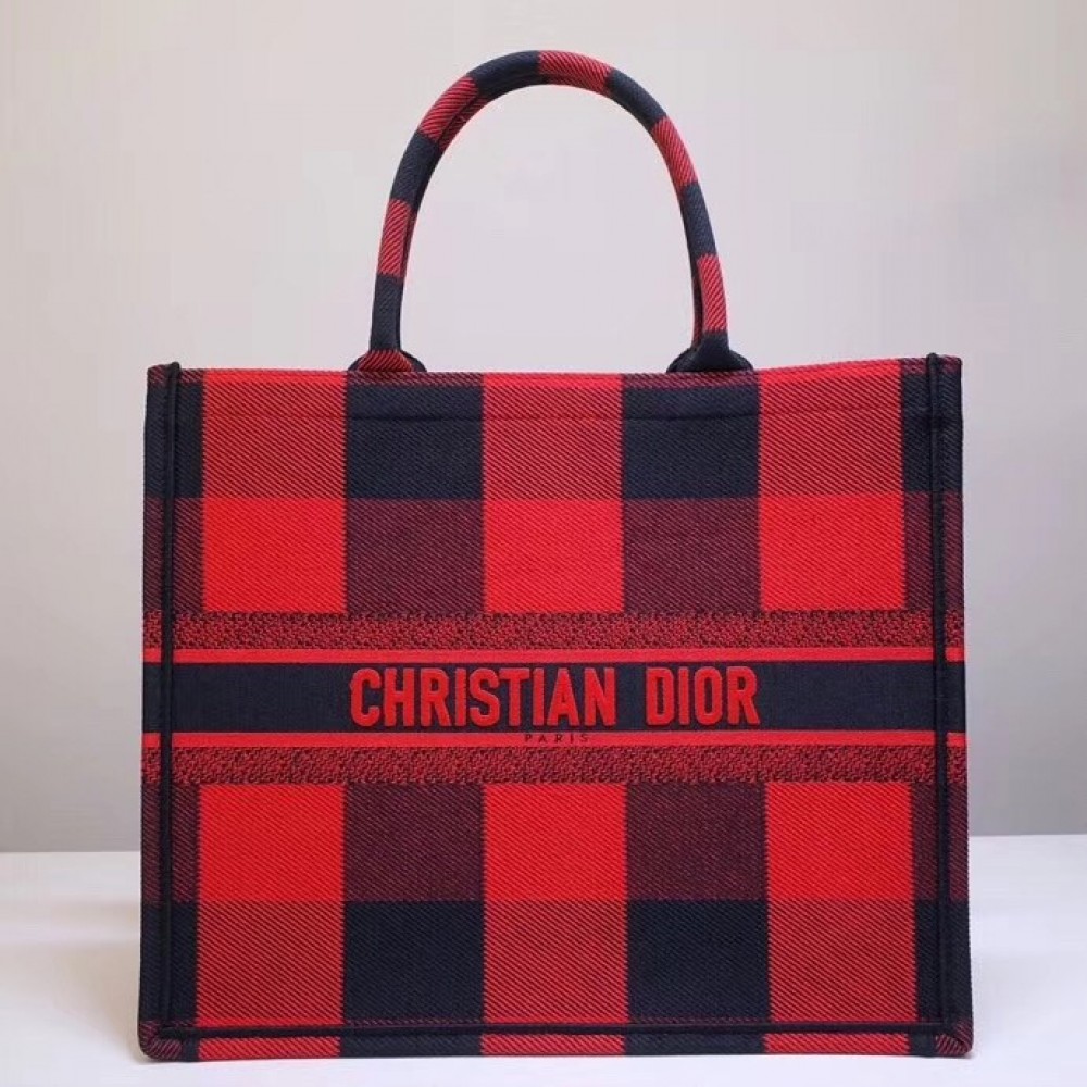 Dior Book Tote Bag In Red/Black Check Embroidered Canvas LDBS240125