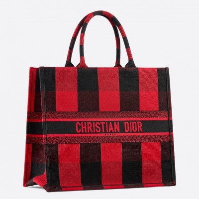 Dior Book Tote Bag In Red/Black Check Embroidered Canvas LDBS240125