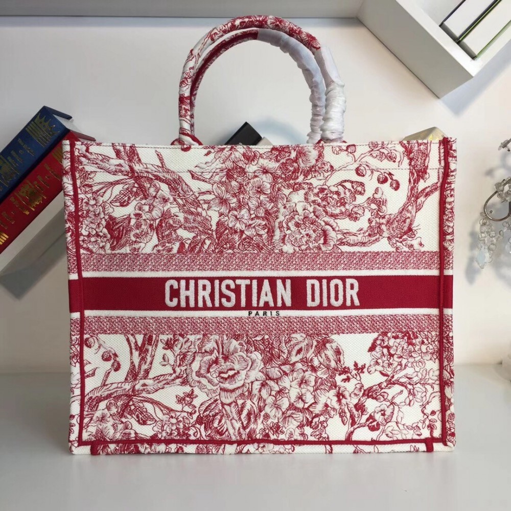 Dior Book Tote Bag In Red Hydrangea Flowers Canvas LDBS240114